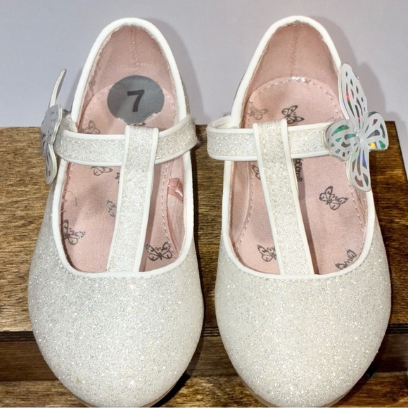 Self Esteem Other - Toddler White Glitter Mary Jane Size 7 shoes sparkles Butterfly